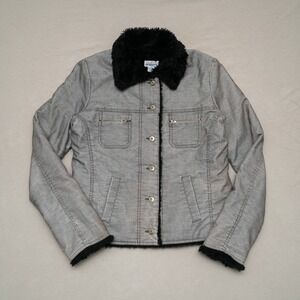 Vintage Y2k Anchor Blue Womens Black Fur Lined Corduroy Button Up Jacket XL